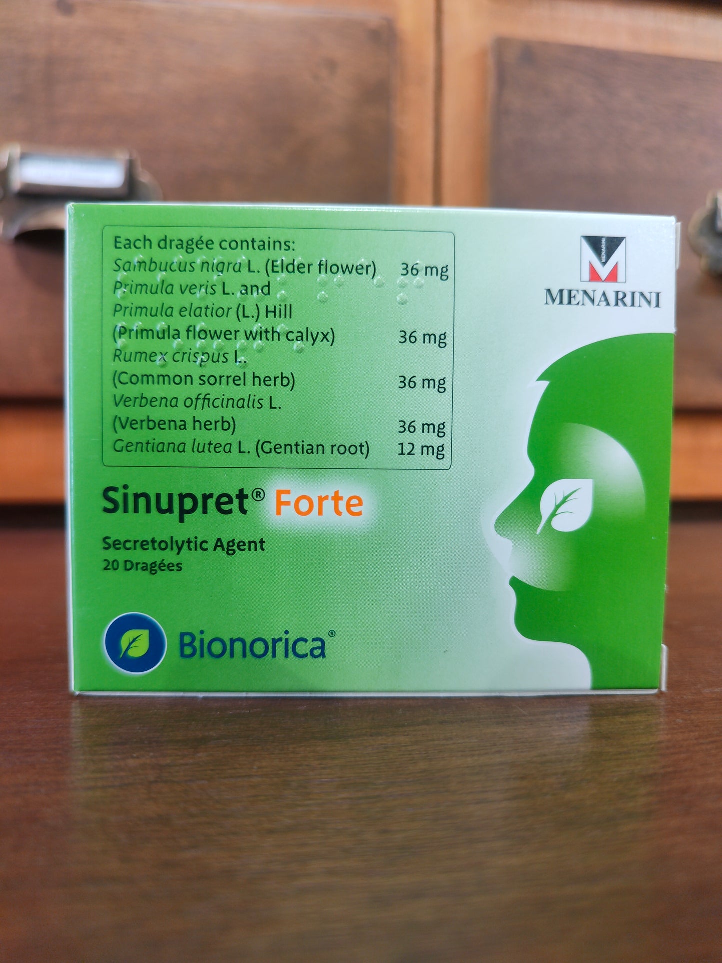 Sambucus nigra (elder flower) + Primula veris & Primula elatior (primula flower w/ calyx) + Rumex crispus (common sorrel herb) + Verbena officinalis (verbena herb) + Gentiana lutea (gentian root) 36mg/ 36mg /36mg /36mg/ 12mg, Dragee (Sinupret Forte)