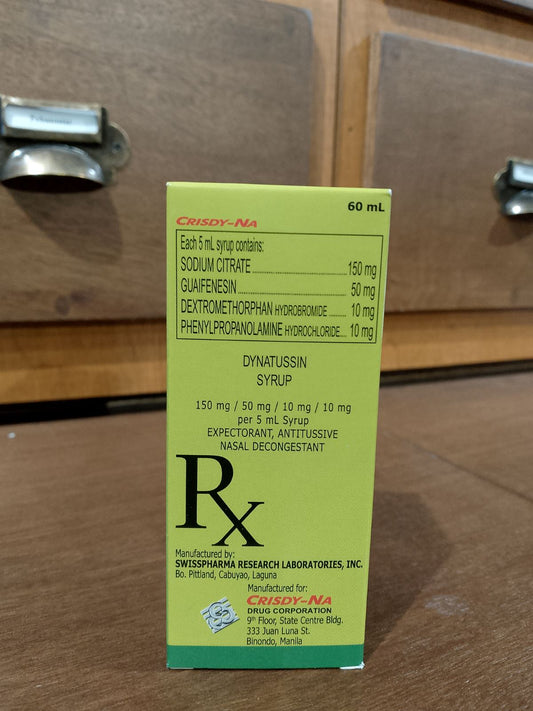 Dextromethorphan Hydrobromine + Guaifenesin + Sodium Citrate + Phenylpropanolamine Hydrochloride (DYNATUSSIN) 10mg /50mg / 150mg/ 10mg, 60mL Syrup