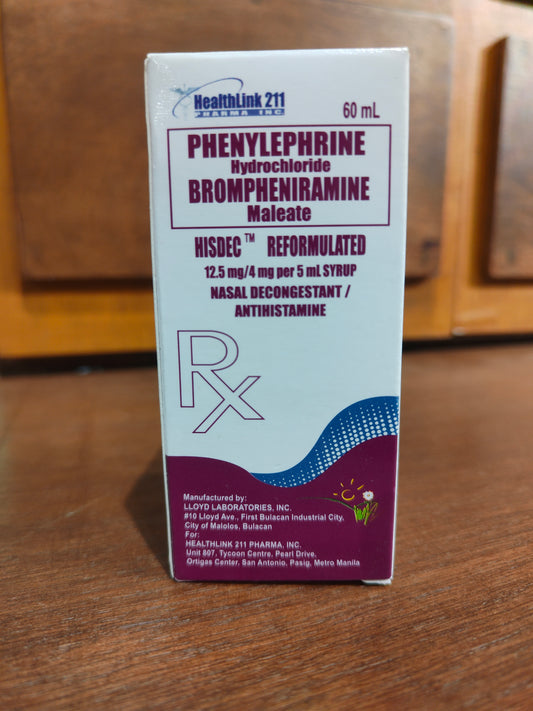 Phenylephrine HCl + Brompheniramine Maleate HISDEC REF 12.5MG/4MG per 5ML, 60MLSYRP BOT