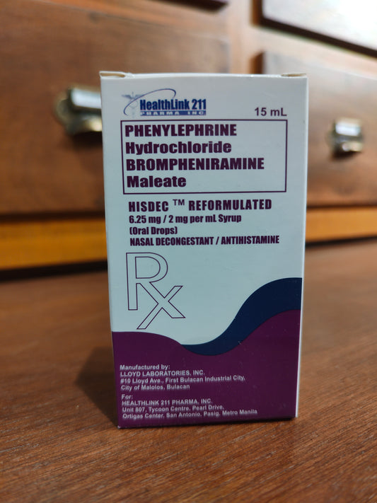 Phenylephrine HCl + Brompheniramine Maleate HISDEC Reformulated 6.25mg/2mg per 5mL, 15mL DRP BOT