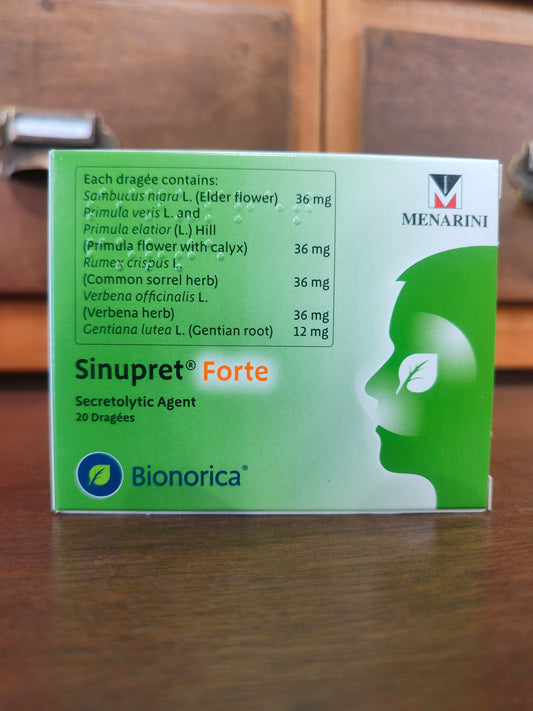 Sambucus nigra (elder flower) + Primula veris & Primula elatior (primula flower w/ calyx) + Rumex crispus (common sorrel herb) + Verbena officinalis (verbena herb) + Gentiana lutea (gentian root) 36mg/ 36mg /36mg /36mg/ 12mg, Dragee  (Sinupret Forte)