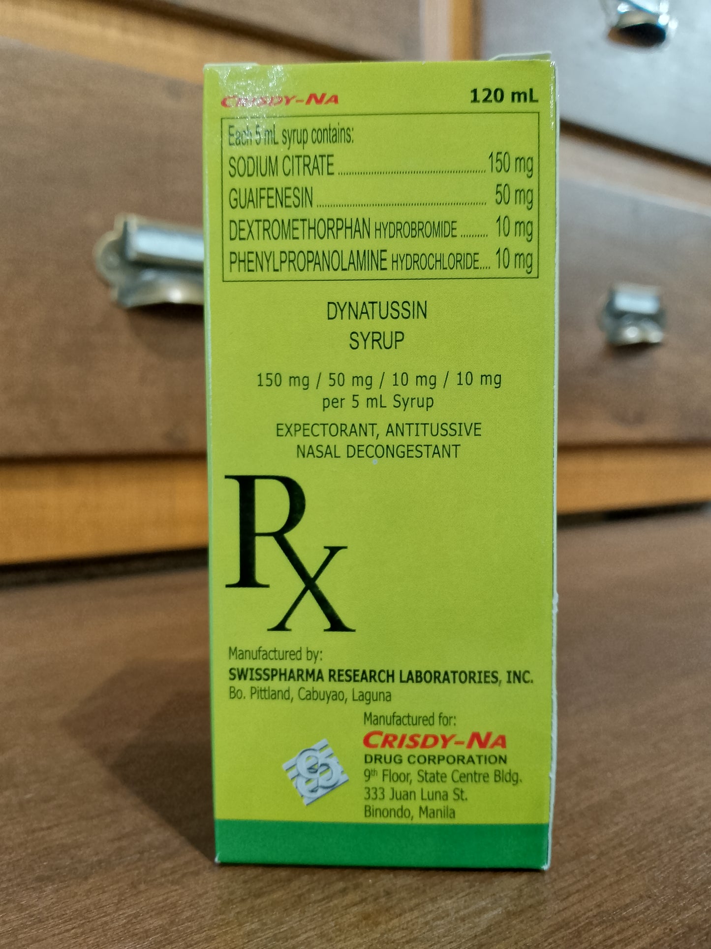 Dextromethorphan Hydrobromine + Guaifenesin + Sodium Citrate + Phenylpropanolamine Hydrochloride (Dynatussin)10mg/ 50mg/ 150mg/ 10mg, 120mL Syrup