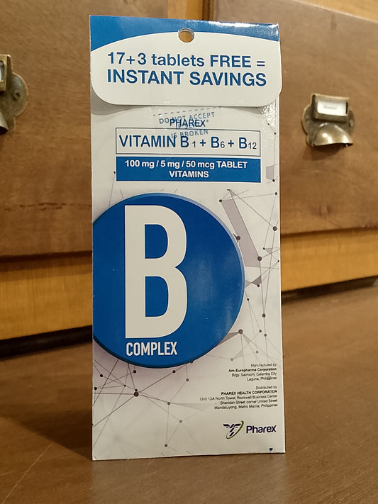 Vitamin B1 + Vitamin B6 + Vitamin B12 (Pharex Vit- B Complex) 100mg/5mg/50mcg, Tablet (Tipid Promo Pack 17+3) 20s
