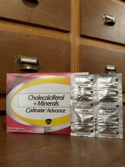 Cholecalciferol + Minerals (CALTRATE ADVANCE) Calcium 600mg / Vitamin D 500 IU / Magnesium 50mg / Zinc 7.5mg / Copper 500 mcg / Manganese 1.75 mg Film-Coated Tablet