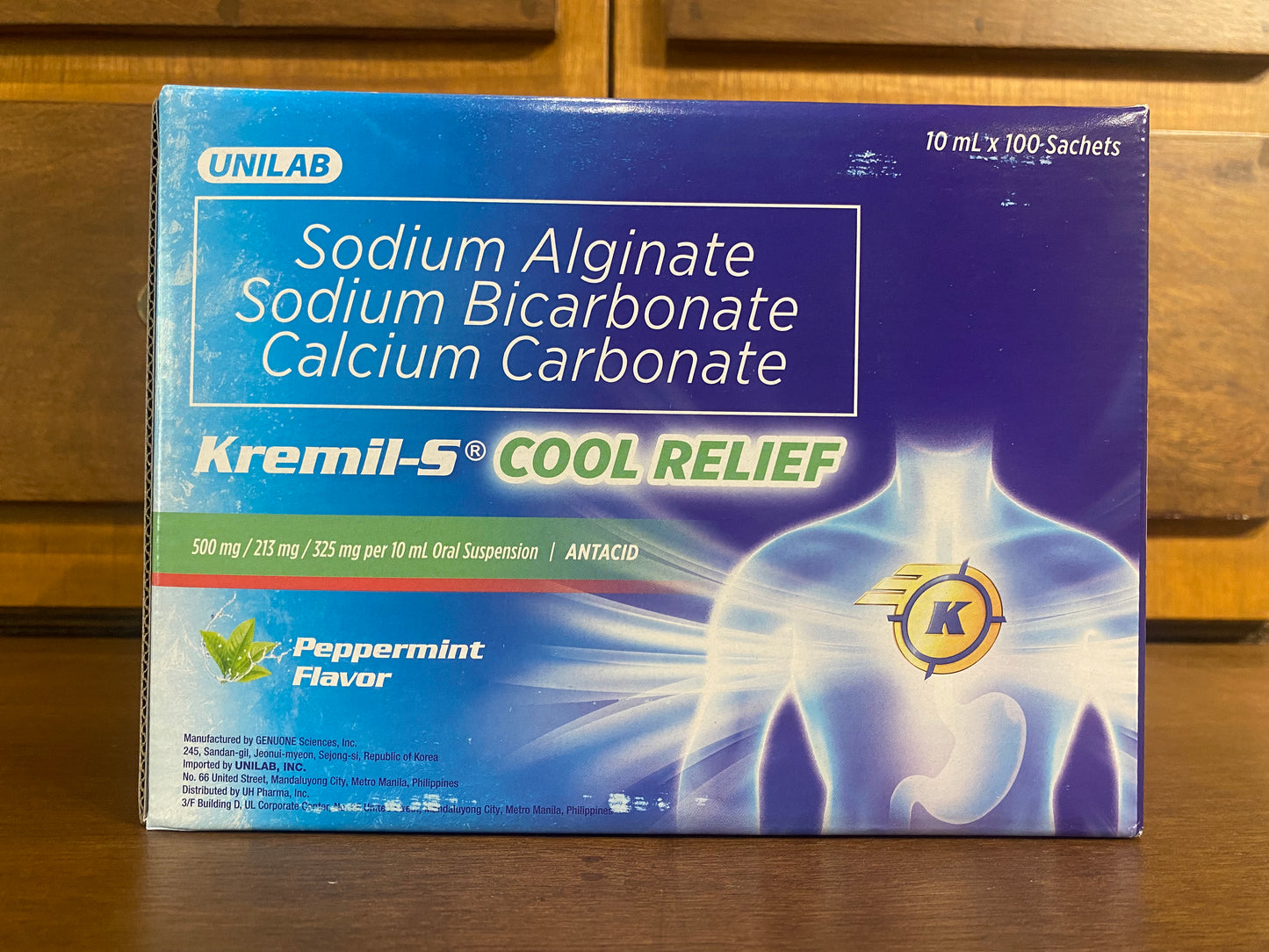 Sodium Alginate + Sodium Bicarbonate + Calcium Carbonate (KREMIL-S COOL RELIEF) 500mg/ 213mg/325mg per 10mL  Oral Suspension