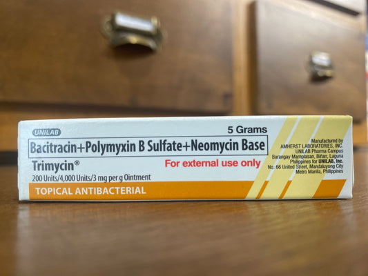 Bacitracin + Polymyxin B Sulfate + Neomycin Base (Trimycin) 200 Units/ 4000 Units/ 3mg per g Ointment 5g