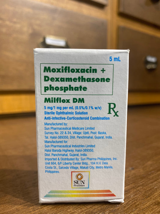 Moxifloxacin + Dexamethasone Phosphate (MILFLOX DM) 5mg/1mg per mL (0.5%/0.1% w/v), 5mL Sterile ophthalmic Solution