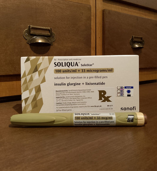 Insulin glargine + lixisenatide, (Soliqua) 3.64 mg (equiv to 100 u)/ 33 mcg, Pen
