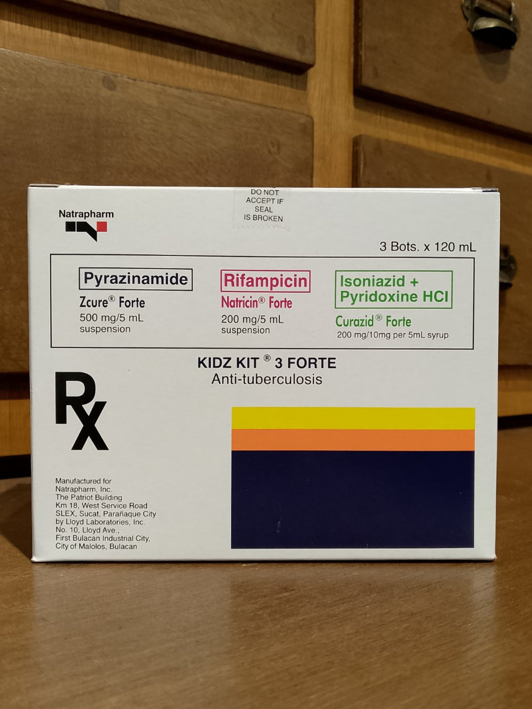 Isoniazid + Pyridoxine 200mg/10mg, Rifampicin 200mg, Pyrazinamide 500mg per 5mL (Kidz Kit 3 Forte) 120mL, 3bots