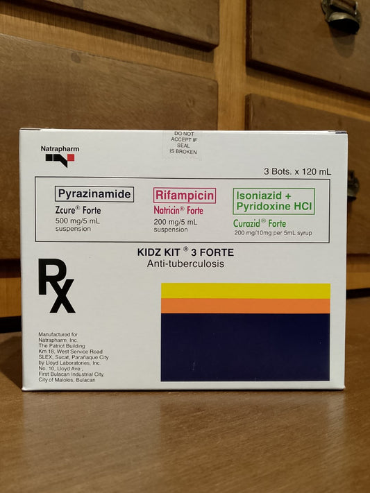 Isoniazid + Pyridoxine 200mg/10mg, Rifampicin 200mg, Pyrazinamide 500mg per 5mL (Kidz Kit 3 Forte) 120mL, 3bots